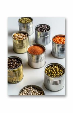 Various types of beans in tin cans, versatile for food and cooking concepts