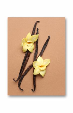 Aromatic vanilla sticks with beautiful flowers on color background