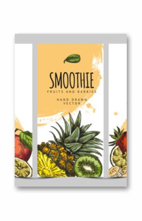 Tropical fresh fruits and berries smoothie sketch on vector design flyers set, organic natural food hand drawn