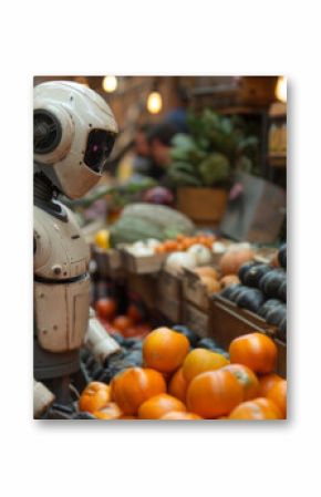 Robot Standing in Front of Produce Stand