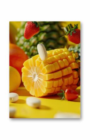Assorted fruits and vegetables with pills on yellow background, concept of health and nutrition