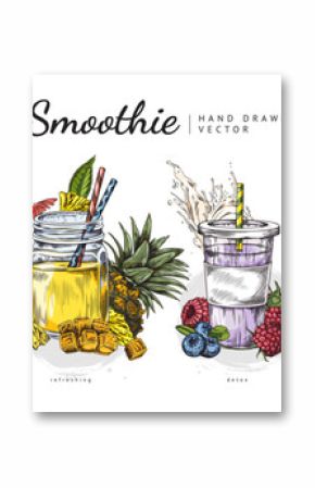 Hand drawn vector set of smoothies with fruits and berries.