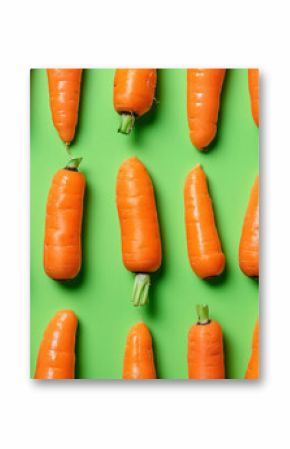 Row of Fresh Carrots on Green Background with Pointing Tops