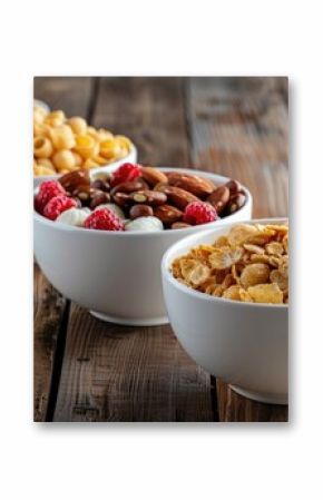 Three bowls of cereal and nuts on a wooden table. Suitable for food and nutrition concepts