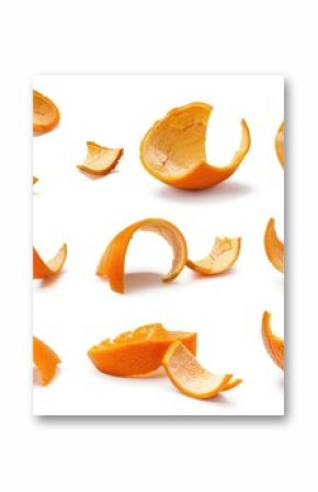 A collection of orange peels on a white surface. Ideal for food and nutrition concepts