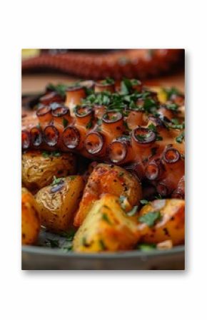  Octopus atop potatoes, garnished with parsley