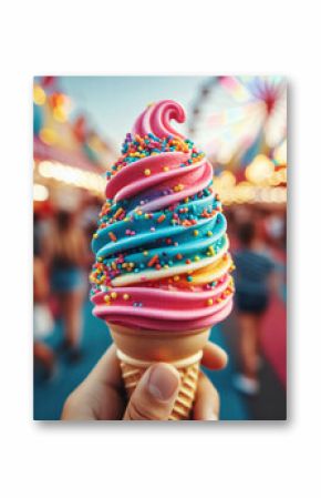 hand holding swirl rainbow ice cream in fun fair