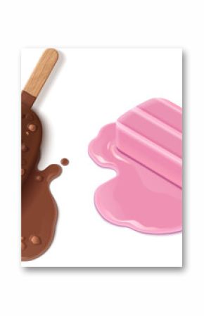 Melted ice cream set isolated on white background. Vector realistic illustration of chocolate with ground nuts and vanilla dessert on wooden stick, sweet sticky puddle, restaurant menu or food design