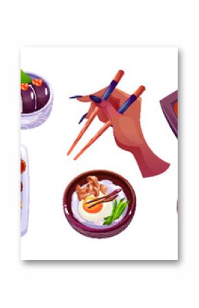 Traditional korean food cartoon collection. Plates and bowls with oriental meals for dinner and female hand with chopsticks. Vector set of popular Asian restaurant cuisine spicy delicious cooking.