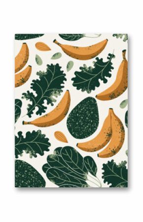 Seamless pattern with bananas and kale with avocado. Fresh food background. Vector illustration