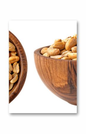 Salted peanuts in a wooden bowl, side and top view, isolated on a transparent background