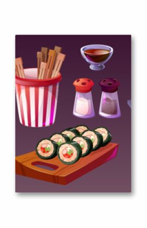Korean food for cafe and restaurant menu. Cartoon vector illustration set of traditional Asian meals - soup and gimbap, mandoo and noodle with meat and egg, spices and chopsticks. Korea cuisine.