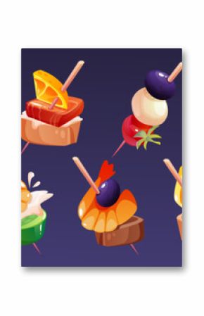 Finger food on toothpick skewer. Cartoon vector set of canape appetizer for buffet menu. Little starter sandwich with cheese and olives, seafood and vegetables. Collection of tapas for aperitif.