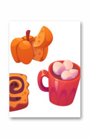 Autumn dessert and hot drinks collection. Traditional fall latte, coffee or hot chocolate in cup and mug, piece of pie and cookie with spice and pumpkin. Cartoon vector cozy sweet pastry and beverages