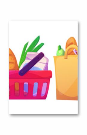 Paper and cloth bag and plastic supermarket basket full of grocery goods. Cartoon vector food and drink in shopping sack. Purchase and delivery of provision products. Package with meal ingredients.