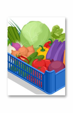 Isometric box with fresh ripe vegetables. The box contains cabbage, onions, carrots, eggplants, lettuce peppers. Natural fresh products. Sellers and marketing concept. Farmer market.