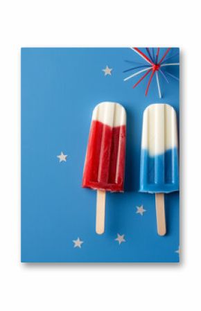 classic red, white, and blue popsicle isolated on a vibrant background with fireworks, capturing a festive summer celebration 