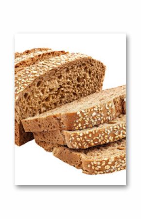 Loaf of bread with slices isolated on white background, top view