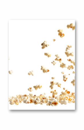 Creative food template. Popcorn corn kernel grains falling flying flow fall fly levitate scattered on transparent cutout PNG. Mockup for artwork graphic design  