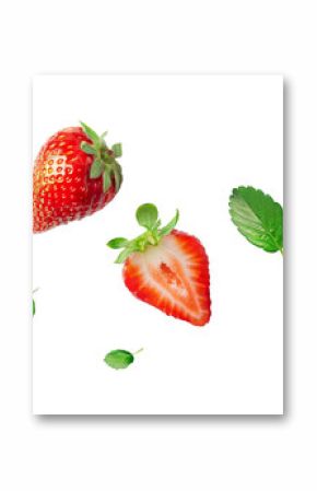 Strawberries juicy with green leaves isolated on background, fresh and sweet of citrus fruit with high vitamins, nutrient and flavor.