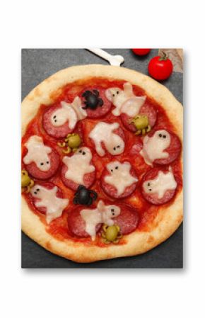 Composition with tasty Halloween pizzas, cutter and ingredients on dark background