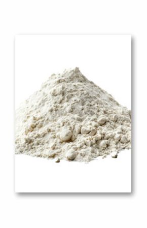 Large pile of white flour is sitting on a white background, making a mess