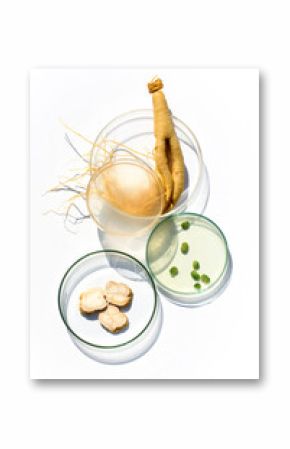 Abstract cosmetic laboratory. Ginseng Root and Liquid in perti dish