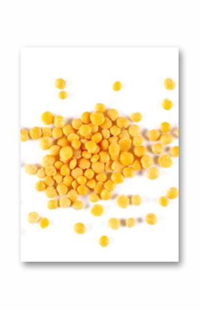 Yellow lentils pile uncooked isolated on white background, top view