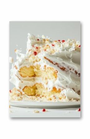 Broken Cake on White Background. Failed Birthday or Wedding Cake. Concept of Spoiled Holiday and Bad Luck