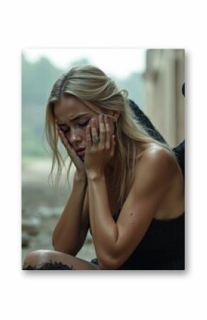 Young blonde woman with black angel wings sits crying in ruins after apocalypse. She is sad and depressed. Symbol of despair and loss. Conceptual art of fallen angel. Desolate world environment.