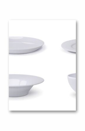 White plate. Dish side view, empty aerial dinner shot above blank porcelain dinner crockery, lunch place top, dinner tableware different forms, serving bowl. Vector 3d isolated object