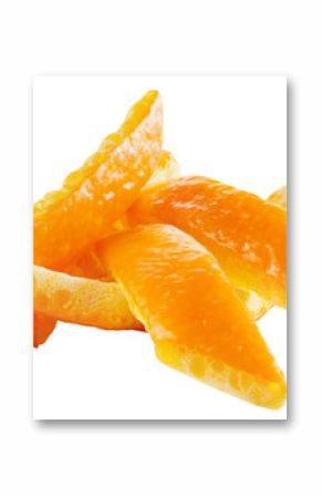 Orange isolated png. Orange zest on transparent background. Orang fruit peel no background. Full depth of field. Sliced orange fruit skin. Transparent png