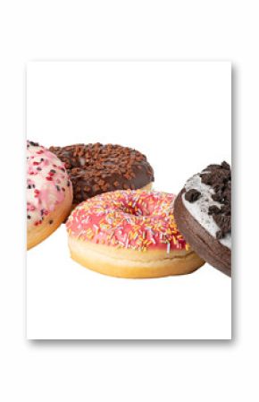 Four iced ring donuts with sprinkles and cookie crumbs on transparent background