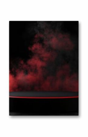 Dark, red-lit circular platform on a dark concrete floor, with smoky effect
