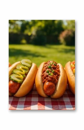 Hot Dogs With Various Toppings on a Picnic Table in a Sunny Park Setting