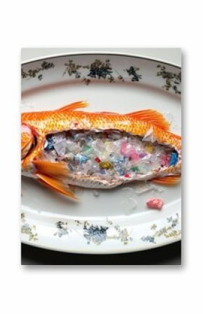 Fish filled with microplastics lying on elegant plate symbolizing ocean pollution