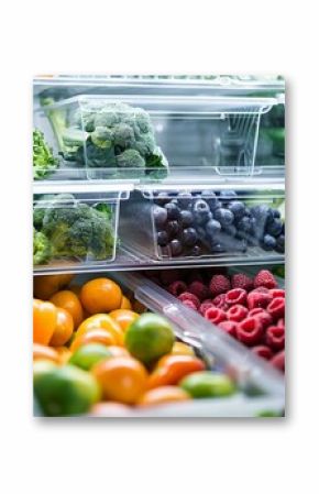 Fridge stocked with broccoli, kale, tomatoes, oranges, limes, raspberries, blueberries, & cucumbers, Regularly monitoring and documenting refrigerator and freezer temperature logs