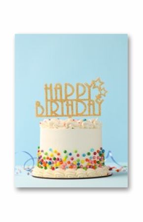 Delicious bento cake with colorful sprinkles, topper and serpentine streamer on white table