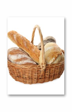 Different loaves of fresh bread in basket isolated on white