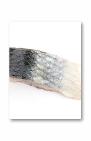 Piece of delicious herring isolated on white, top view