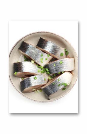 Pieces of delicious herring with green onions in bowl isolated on white, top view