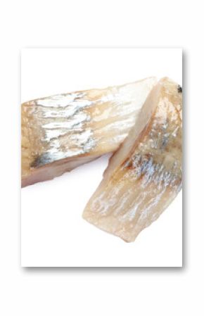 Pieces of delicious herring isolated on white, top view