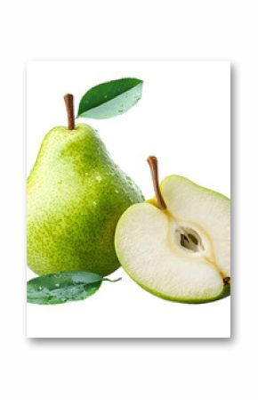 Pear with leaf isolated png. Green pear with a half on transparent background. PNG format. Pear with slice no background. Full depth of field.