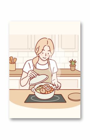Woman Presenting Steamed Vegetable Dish in the Kitchen. Hand drawn style vector design illustrations.