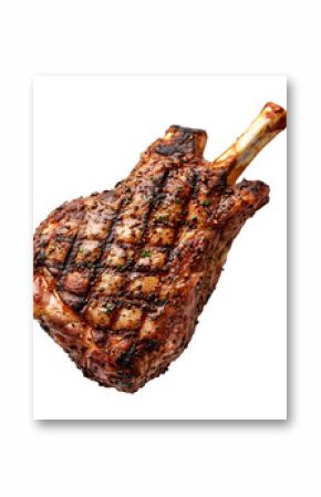 Juicy grilled lamb leg with bone, seared to perfection, showing char marks, isolated on white transparent background. Concept of gourmet meat cuisine