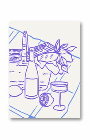 Dolce vita lifestyle illustrations in line doodle style for cafe, restaurants menu, wedding decor. Picnic in french or italian style with wine, cheese, books. Elegant breakfast brunch placard poster.