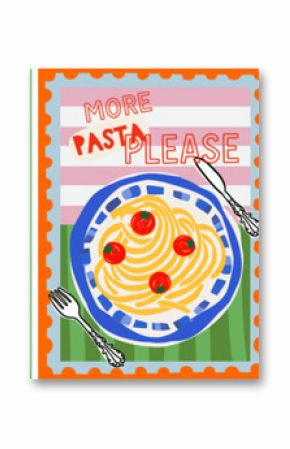 Pasta. Vector illustrations of tomatoes, macaroni, fork, kiss lips, for Mediterranean italian poster, card, postcard, stamp or background. More pasta please. Bon appetit