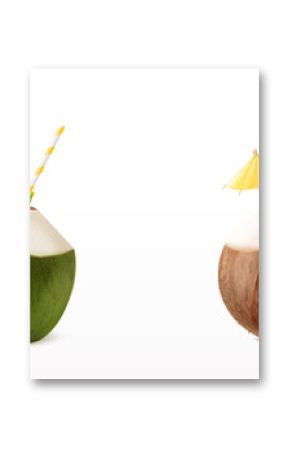 Realistic coconut water. 3d green coco tropical fruit cocktail with straw umbrella, summer fresh drink juice milk hawaii or thailand beach organic food, exact vector illustration