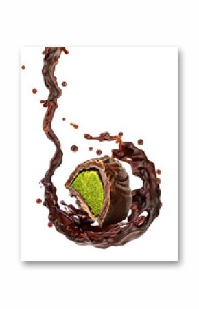 Dubai chocolate truffle with fudgy pistachio cream and crunchy kataifi, 3D splash, premium design. Food advertising, luxury dessert branding, promotion, confectionery advertising, social media visuals