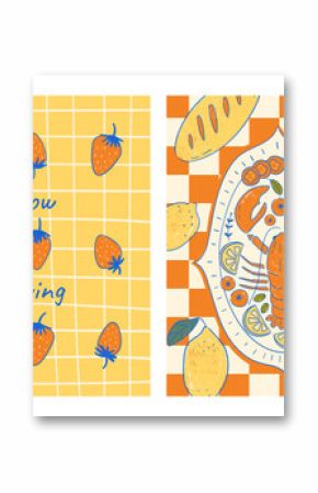 Set of hand drawn whimsical posters with abstract food. Dolce vita contemporary art dinner prints. Lobster and strawberries on chequered backgrounds. Slow living concept. Vector design